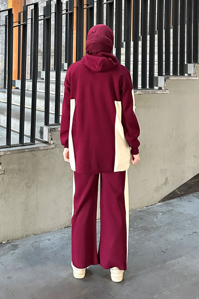 İki Renkli Triko Pantolon Takım - Bordo - 8