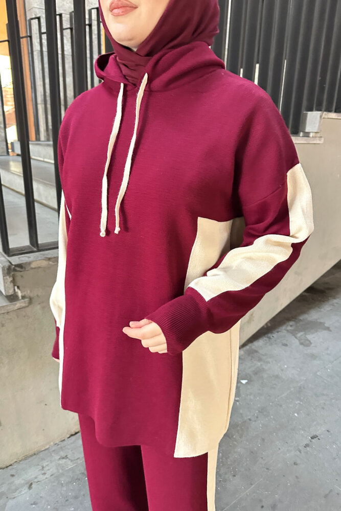 İki Renkli Triko Pantolon Takım - Bordo - QUB (5)