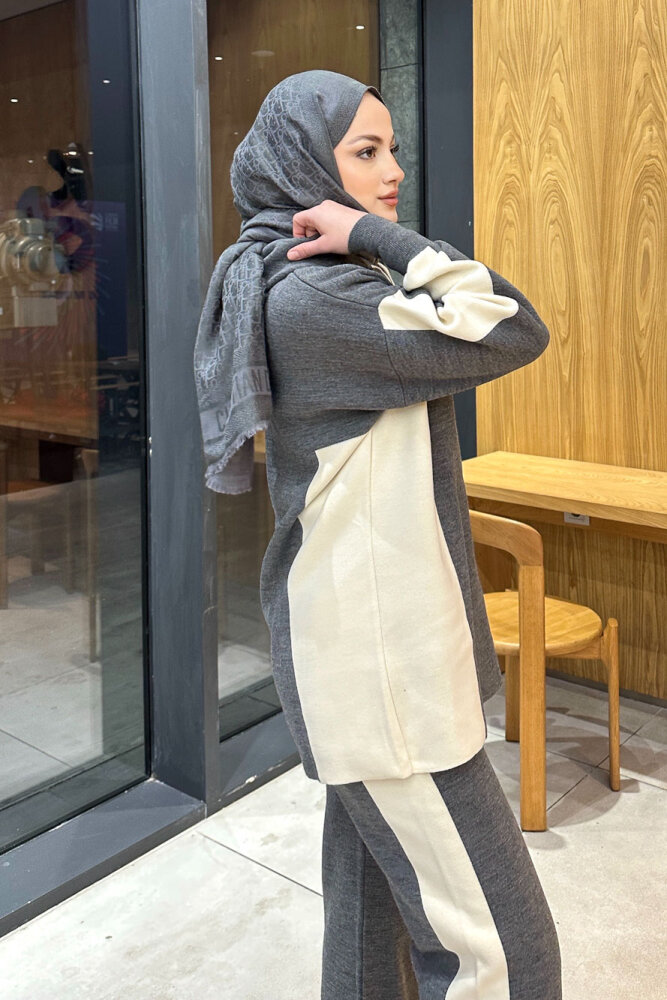 İki Renkli Triko Pantolon Takım - Gri - 2