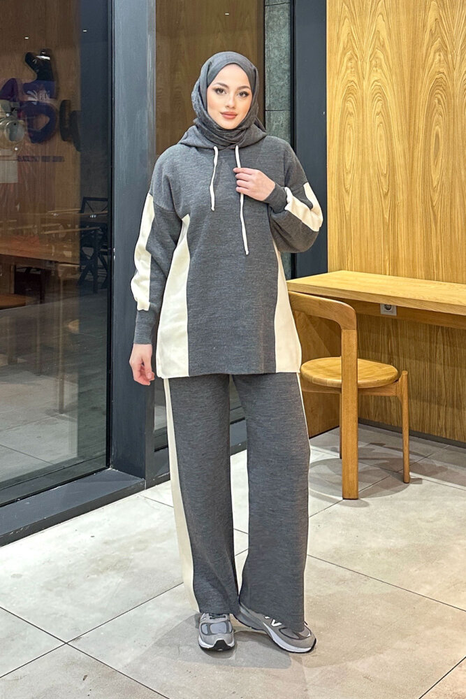 İki Renkli Triko Pantolon Takım - Gri - QUB (0)