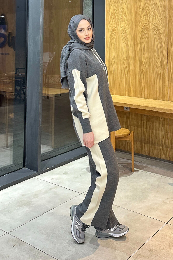İki Renkli Triko Pantolon Takım - Gri - 5