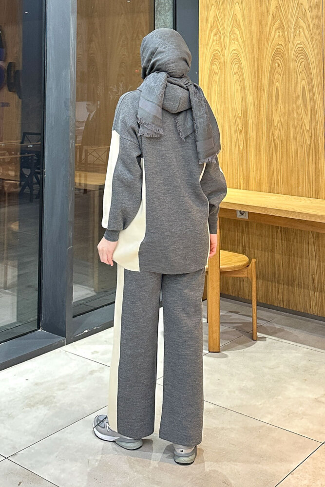 İki Renkli Triko Pantolon Takım - Gri - 3