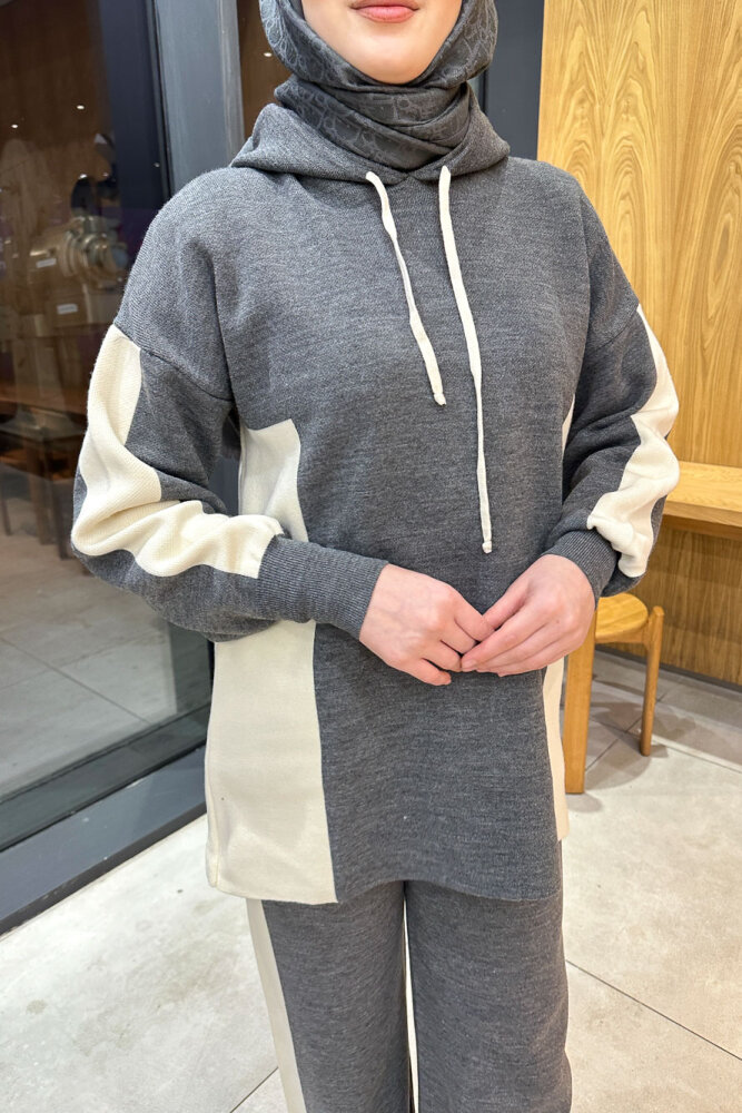 İki Renkli Triko Pantolon Takım - Gri - 6