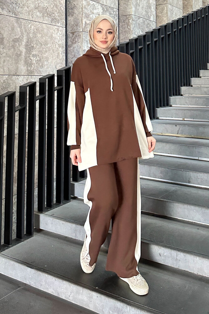 İki Renkli Triko Pantolon Takım - Kahverengi - QUB (0)