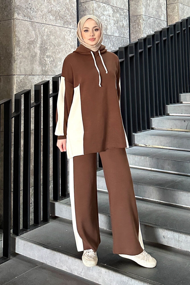 İki Renkli Triko Pantolon Takım - Kahverengi - QUB (4)
