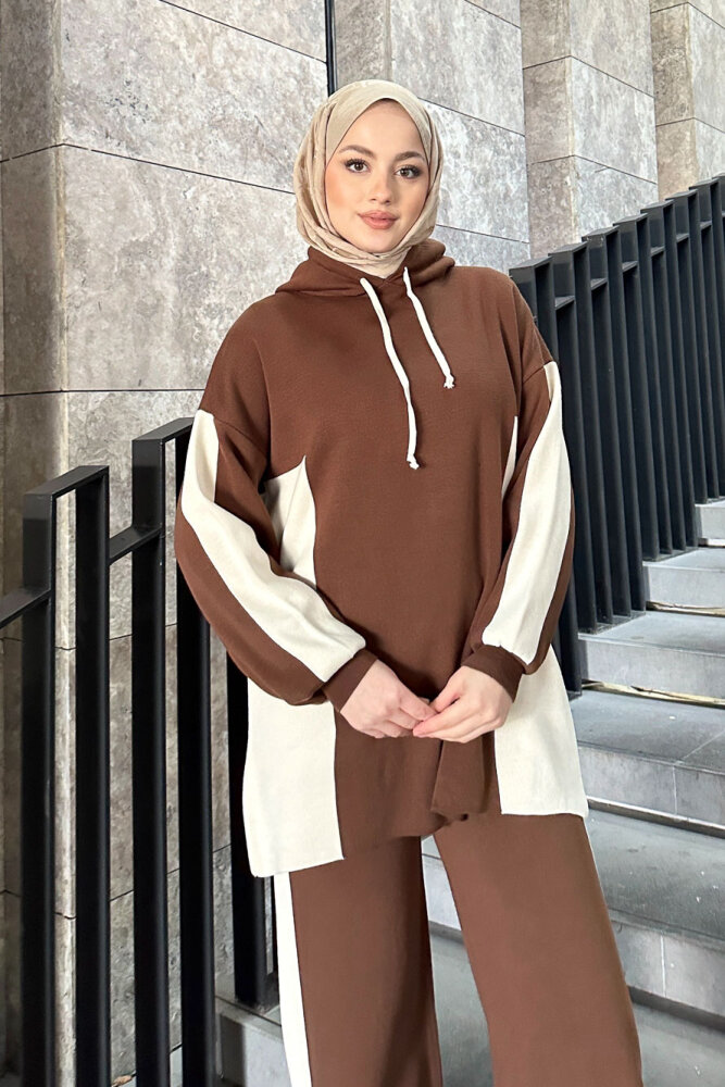 İki Renkli Triko Pantolon Takım - Kahverengi - 6