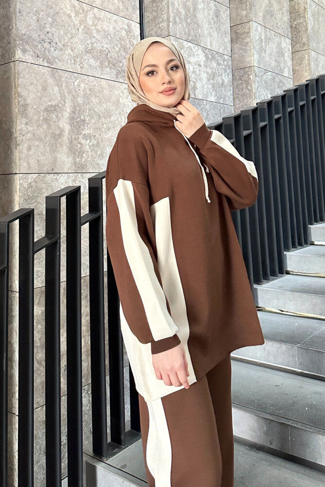 İki Renkli Triko Pantolon Takım - Kahverengi - 8