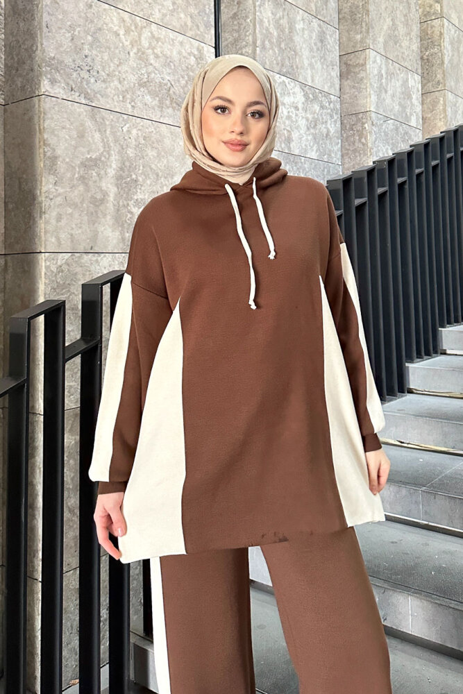 İki Renkli Triko Pantolon Takım - Kahverengi - 3