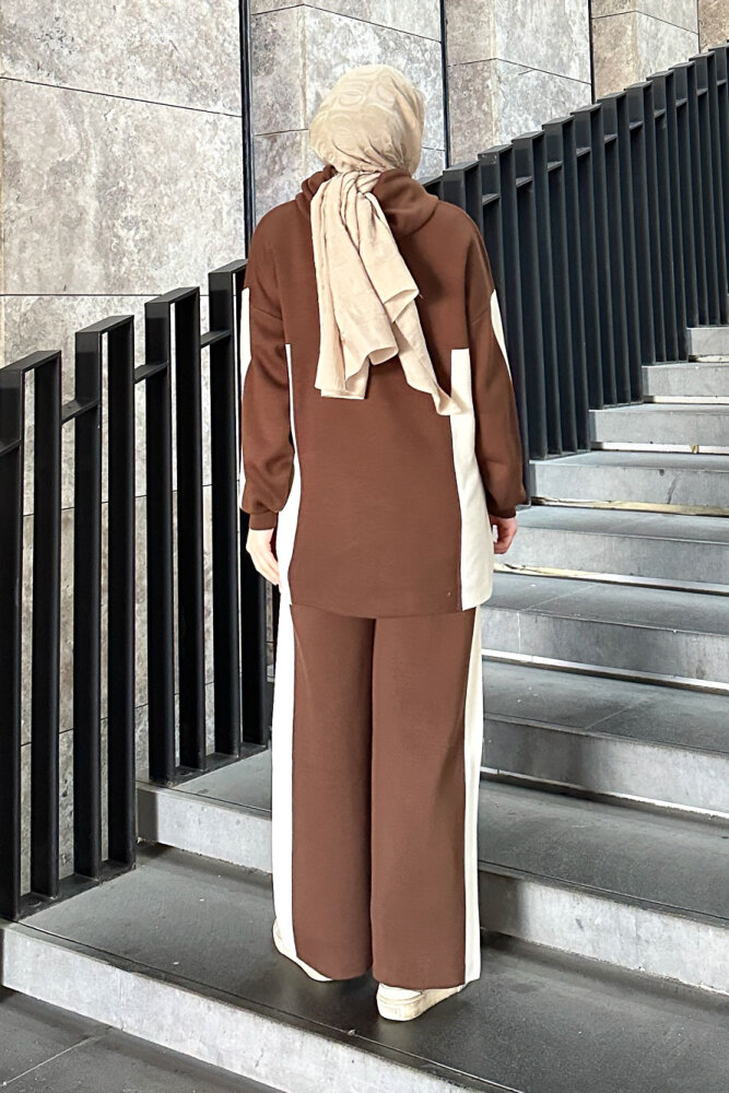 İki Renkli Triko Pantolon Takım - Kahverengi - 7