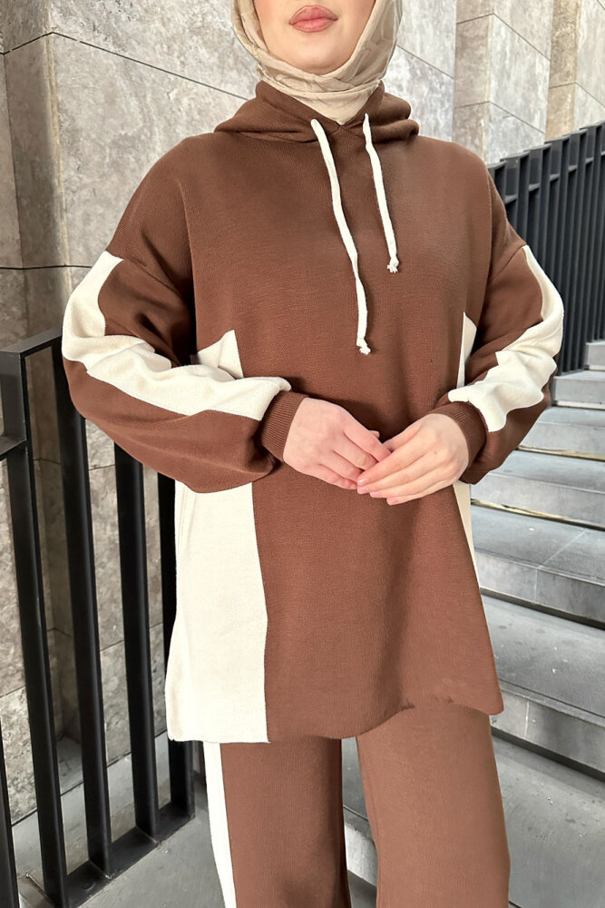 İki Renkli Triko Pantolon Takım - Kahverengi - 4