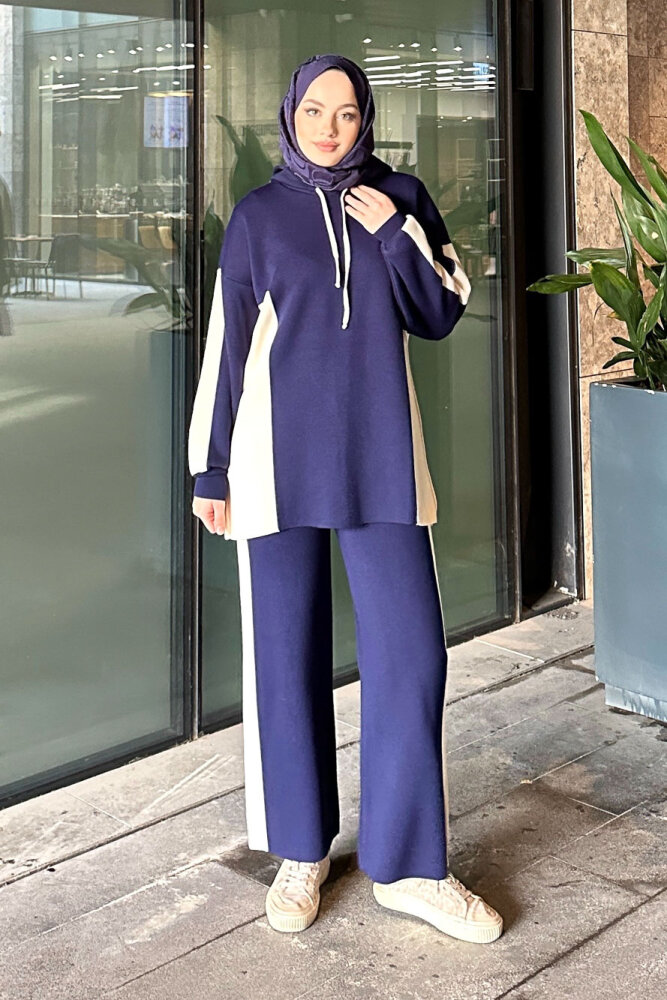 İki Renkli Triko Pantolon Takım - Lacivert - 4