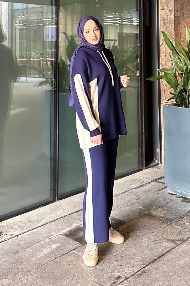 İki Renkli Triko Pantolon Takım - Lacivert - 3