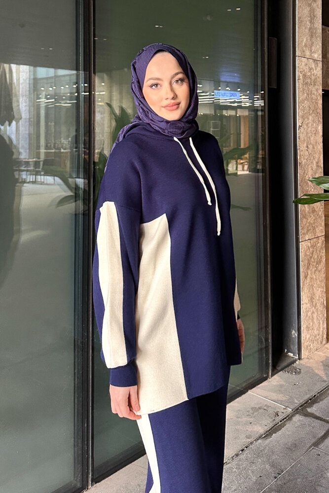 İki Renkli Triko Pantolon Takım - Lacivert - 5