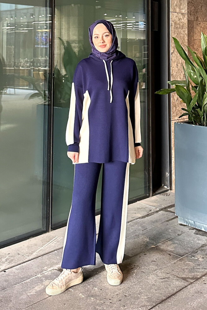 İki Renkli Triko Pantolon Takım - Lacivert - 1