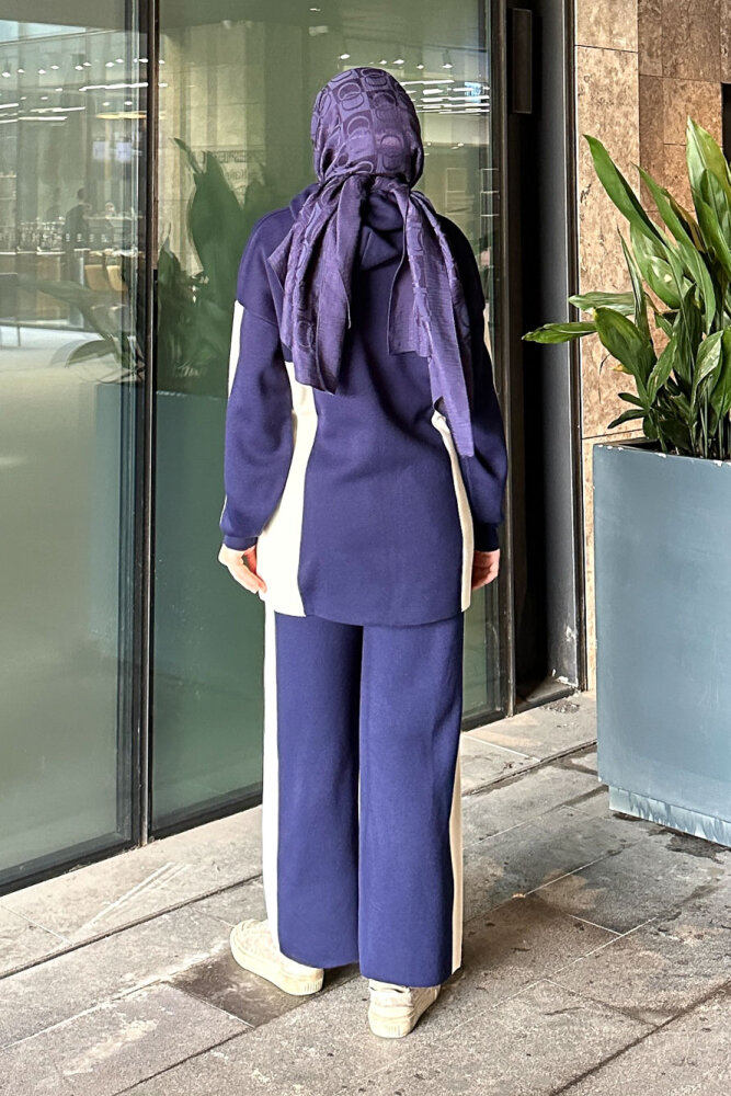 İki Renkli Triko Pantolon Takım - Lacivert - QUB (5)