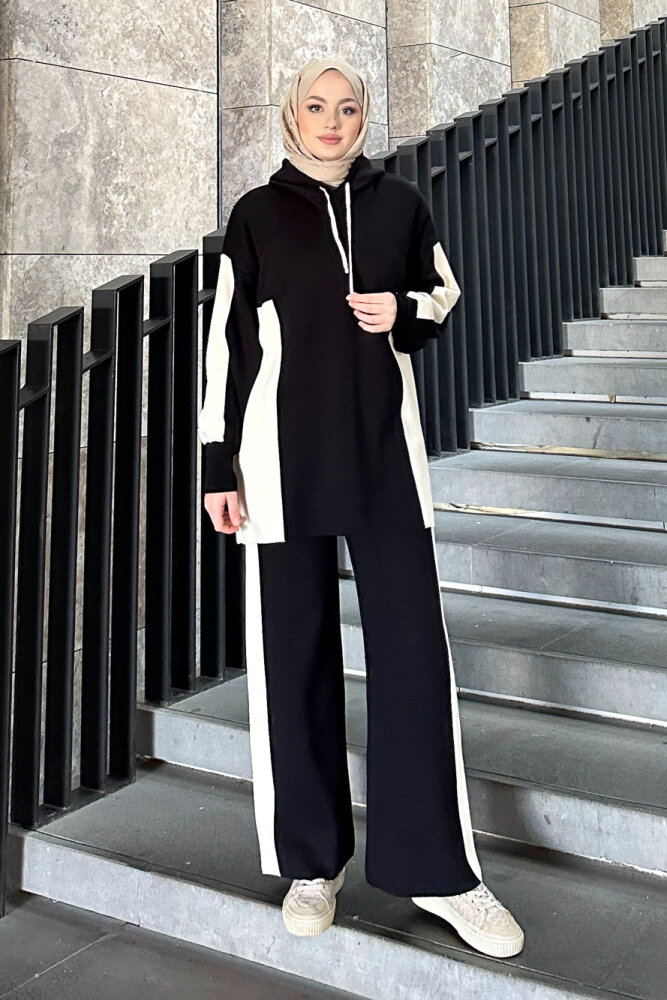 İki Renkli Triko Pantolon Takım - Siyah - 1