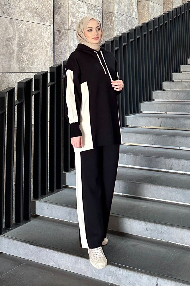 İki Renkli Triko Pantolon Takım - Siyah - 2