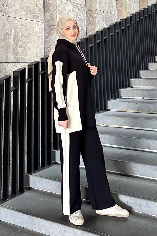 İki Renkli Triko Pantolon Takım - Siyah - 5