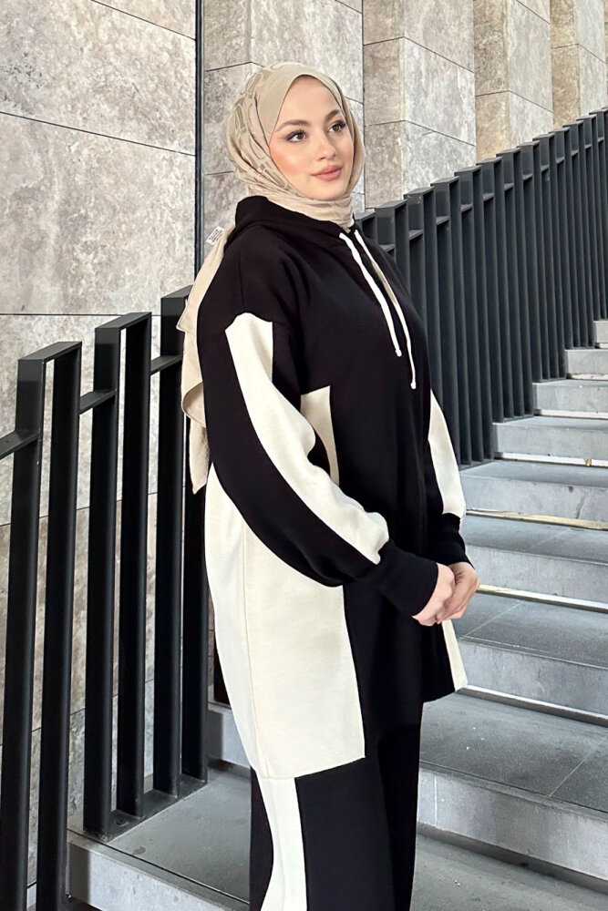 İki Renkli Triko Pantolon Takım - Siyah - 4