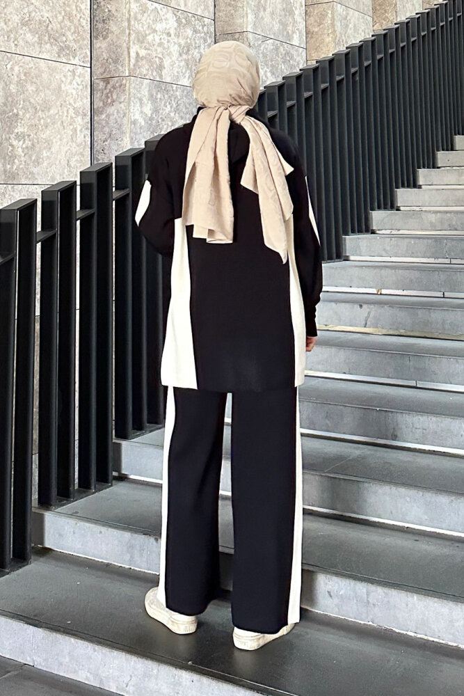 İki Renkli Triko Pantolon Takım - Siyah - 3