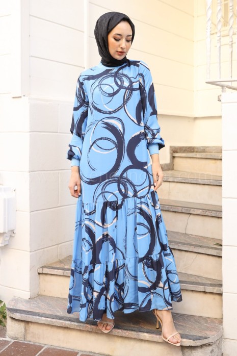 Şifu Desenli Elbise-Mavi Siyah