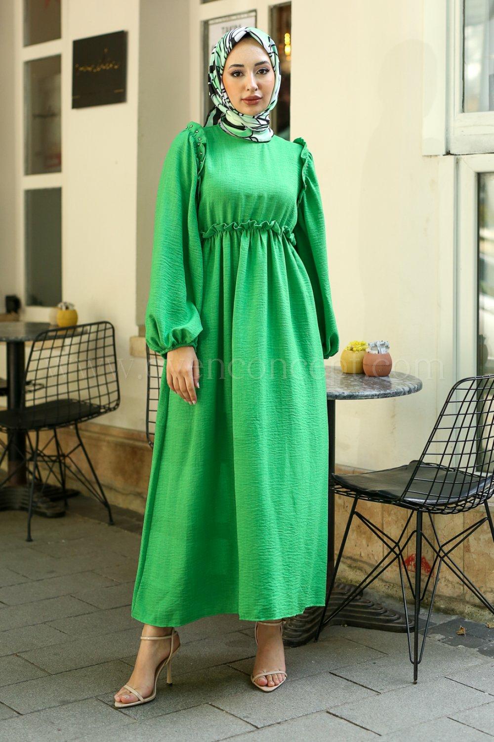 Layana Taş Detaylı Elbise-Yeşil