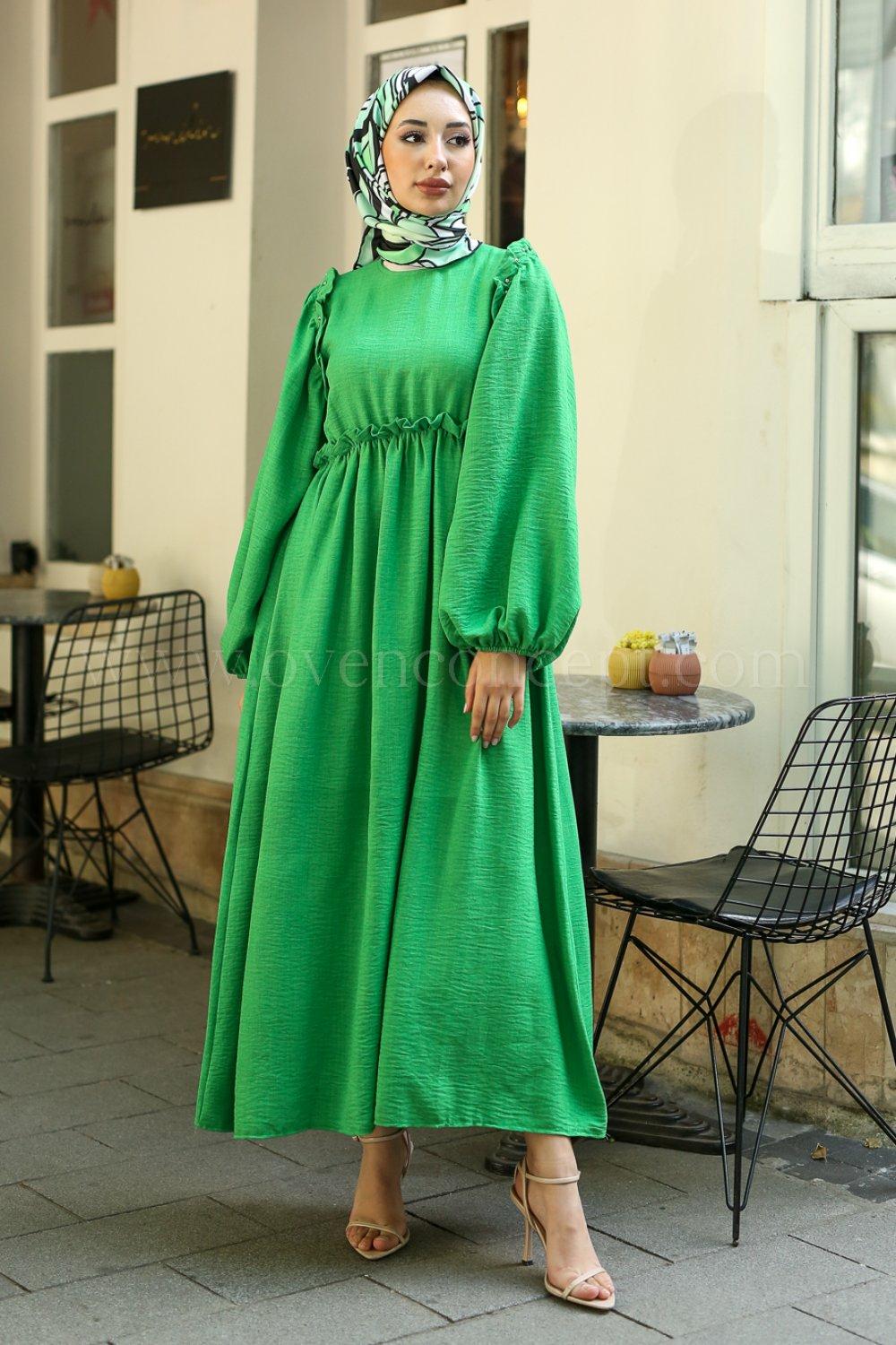 Layana Taş Detaylı Elbise-Yeşil