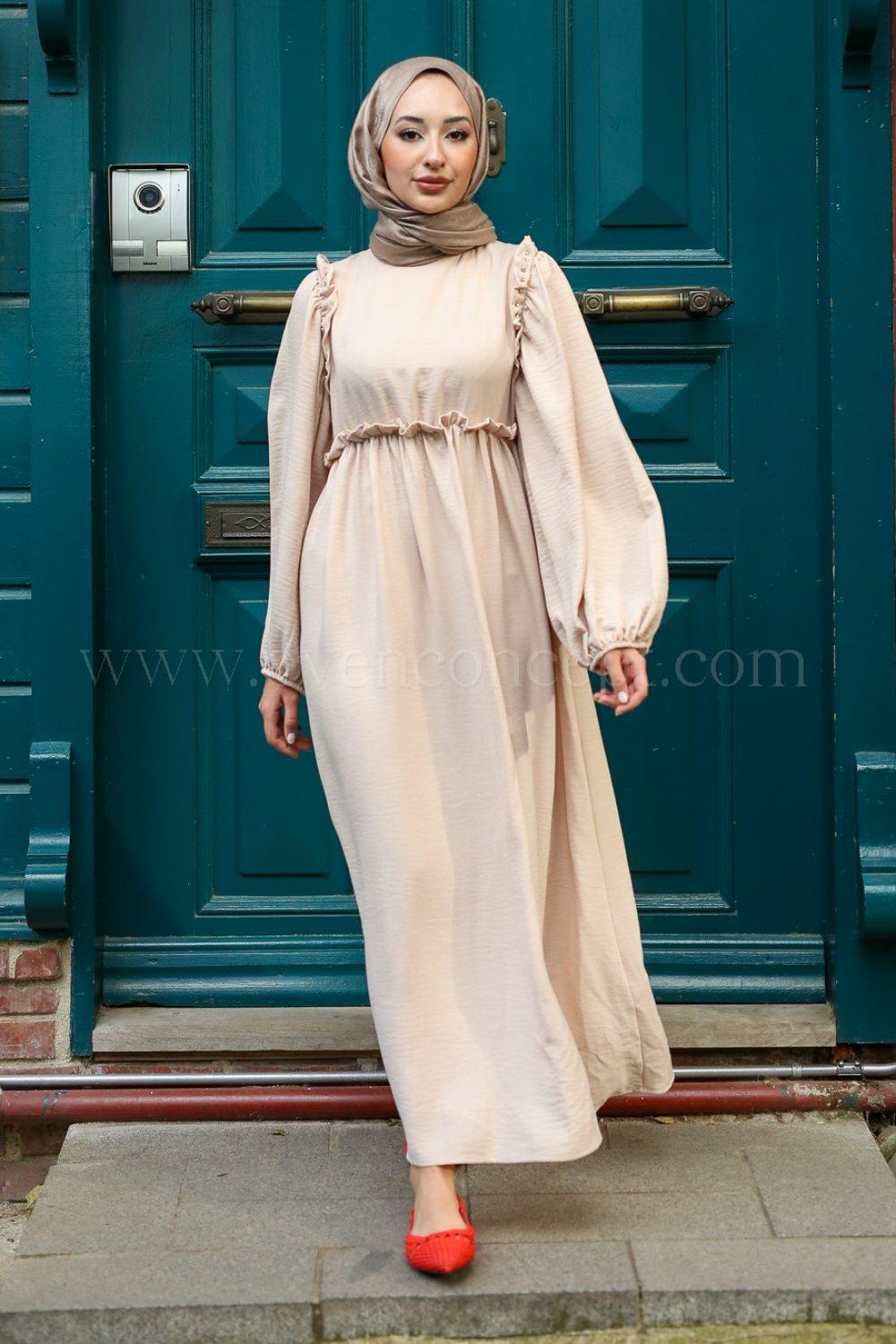 Layana Taş Detaylı Elbise-Bej