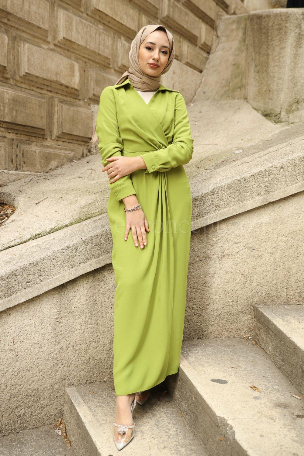 Moln Toka Detaylı Elbise-Fıstık Yeşili