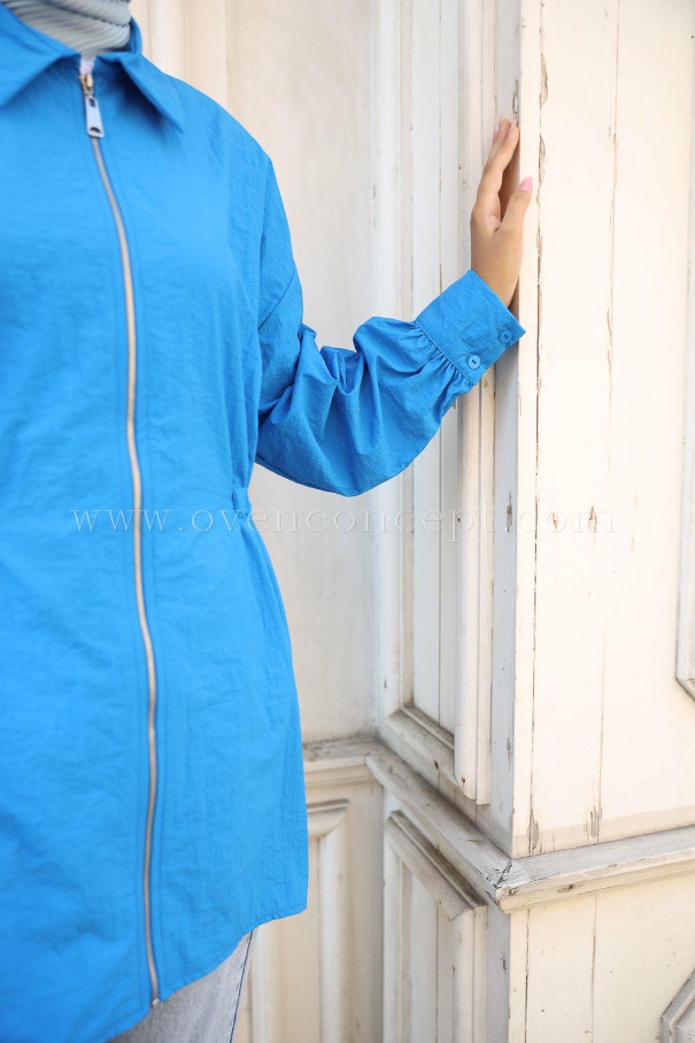 Fermuarlı Yırtmaçlı Ceket - Mavi