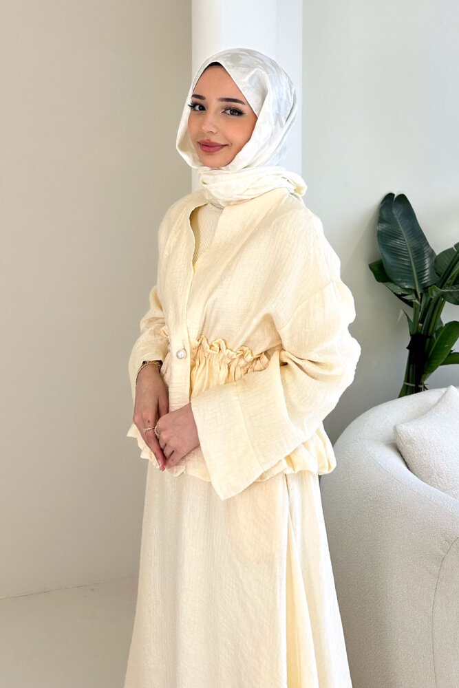 İnci Düğme Detaylı Etek Takım - Bej - HEWES (1)