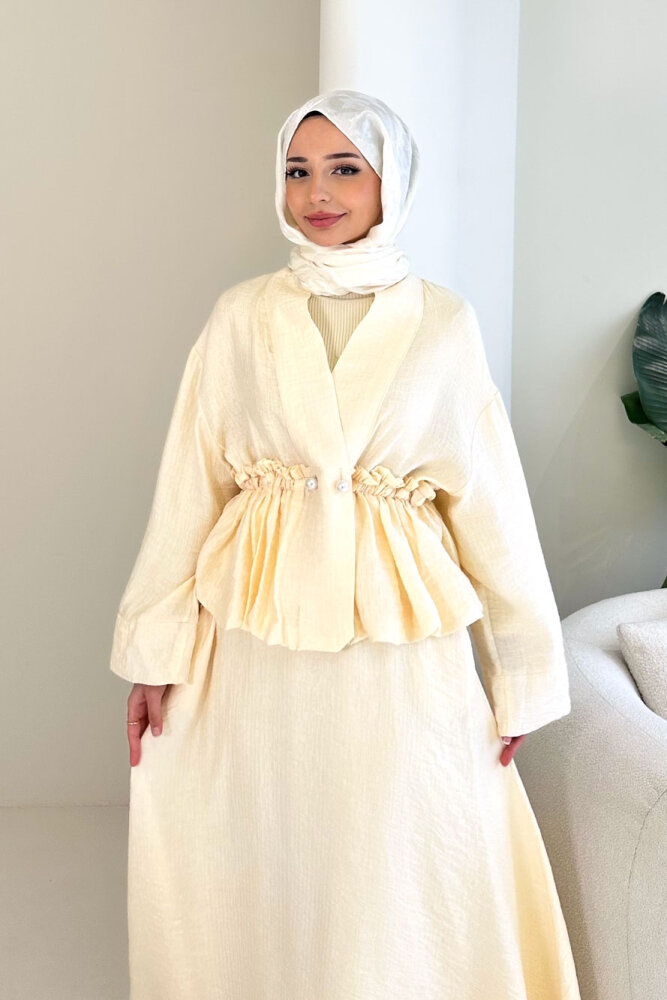 İnci Düğme Detaylı Etek Takım - Bej - 4