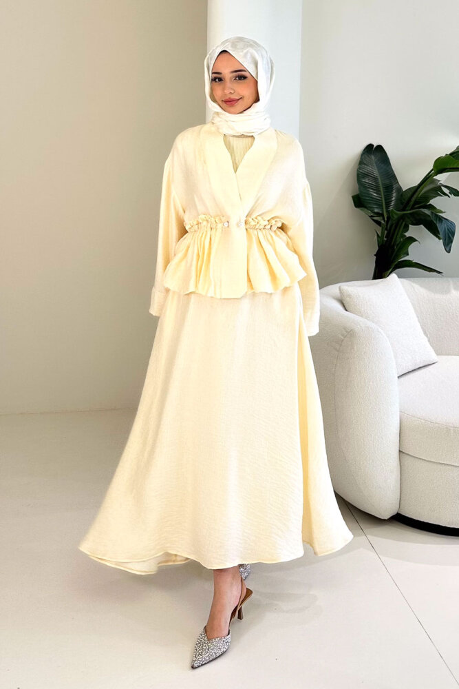 İnci Düğme Detaylı Etek Takım - Bej - 1