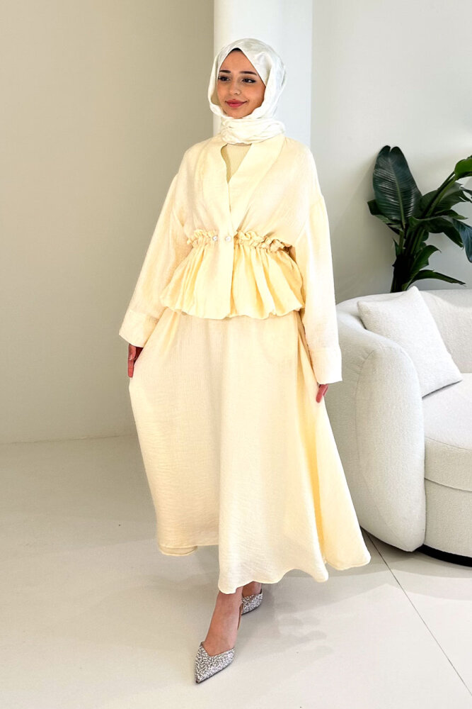 İnci Düğme Detaylı Etek Takım - Bej - HEWES (2)