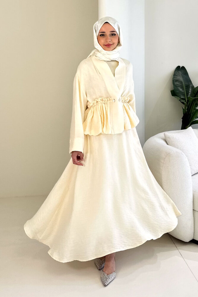 İnci Düğme Detaylı Etek Takım - Bej - HEWES (5)