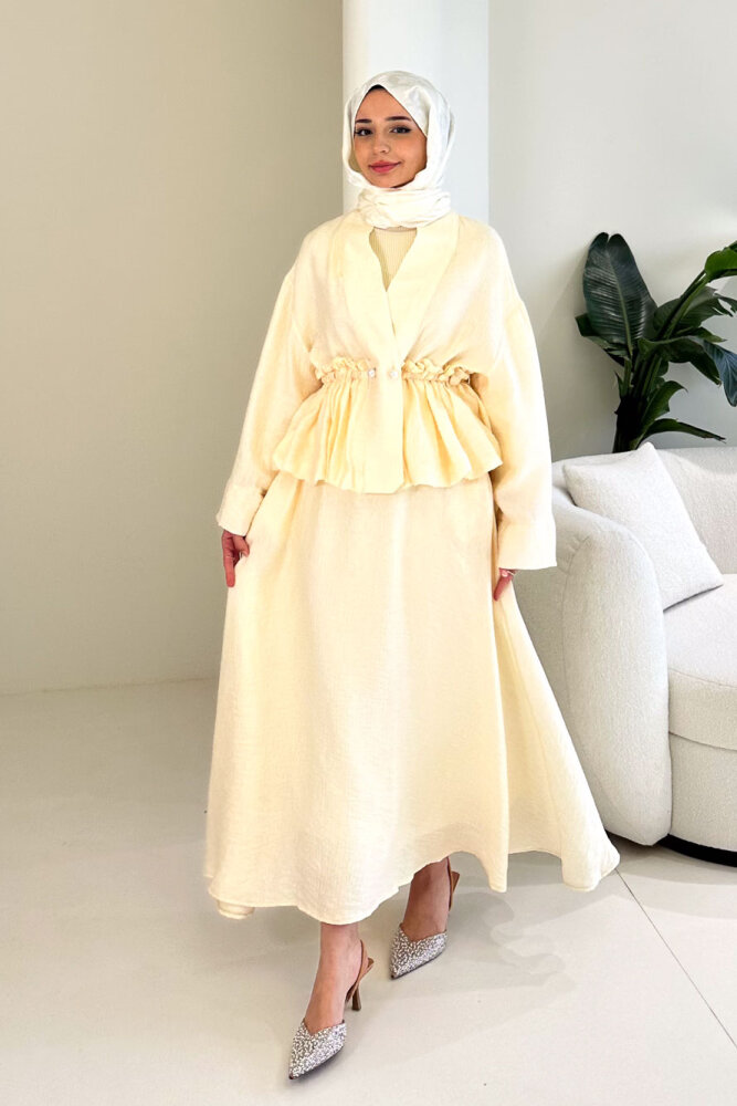 İnci Düğme Detaylı Etek Takım - Bej - 7