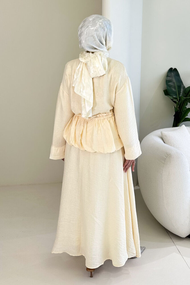 İnci Düğme Detaylı Etek Takım - Bej - 8