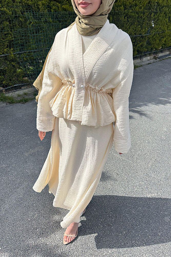 İnci Düğme Detaylı Etek Takım - Bej - HEWES (3)