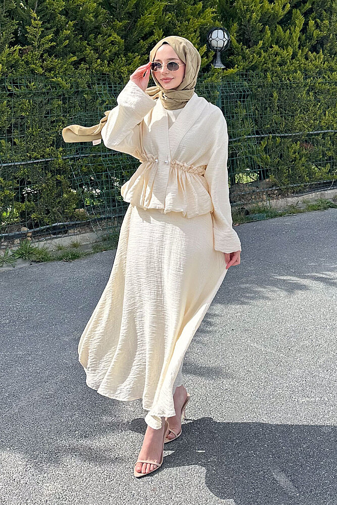 İnci Düğme Detaylı Etek Takım - Bej - HEWES (0)