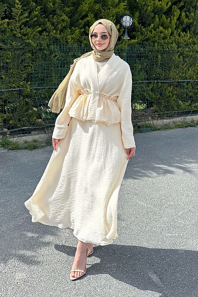 İnci Düğme Detaylı Etek Takım - Bej - HEWES (4)