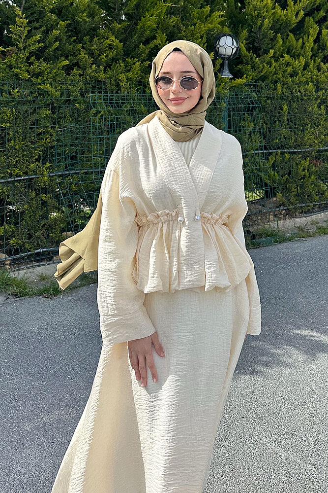 İnci Düğme Detaylı Etek Takım - Bej - HEWES (2)