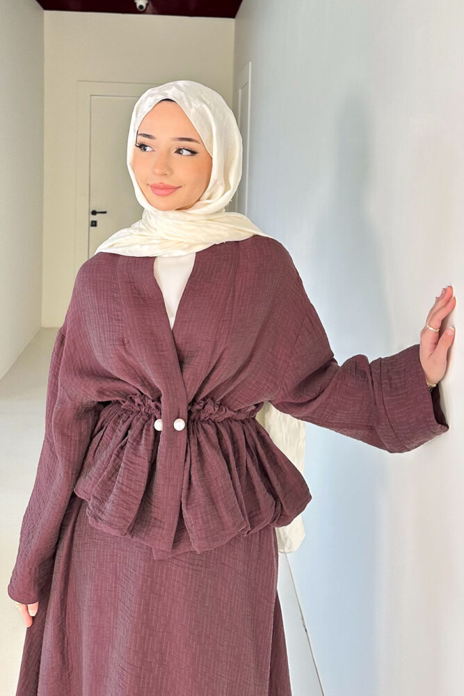 İnci Düğme Detaylı Etek Takım - Bordo - 6