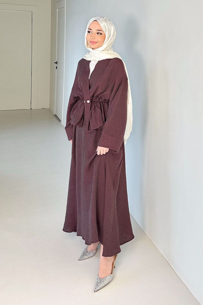 İnci Düğme Detaylı Etek Takım - Bordo - 4