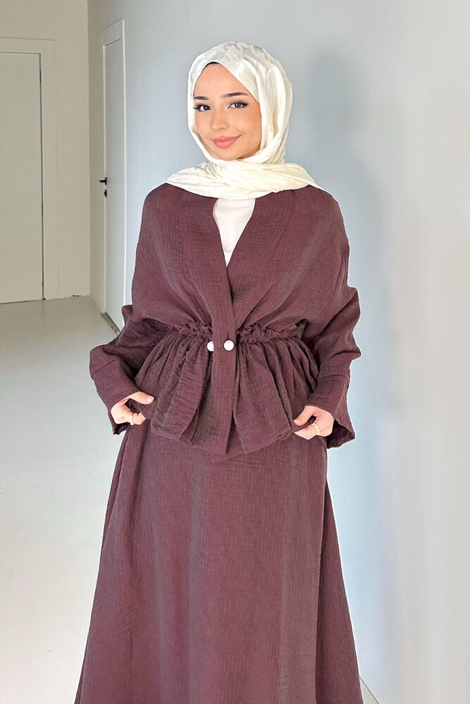 İnci Düğme Detaylı Etek Takım - Bordo - 1