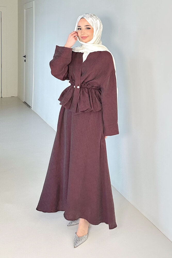 İnci Düğme Detaylı Etek Takım - Bordo - 2