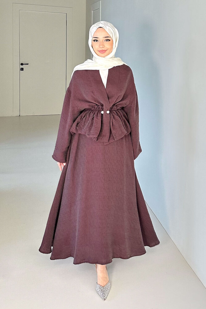 İnci Düğme Detaylı Etek Takım - Bordo - HEWES (4)