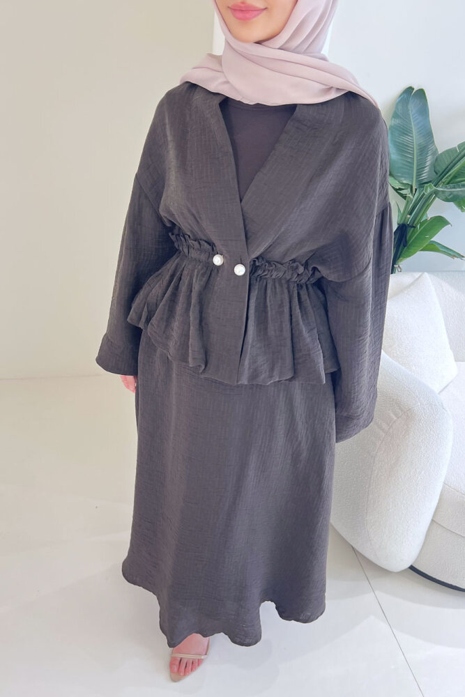 İnci Düğme Detaylı Etek Takım - Kahverengi - HEWES (2)