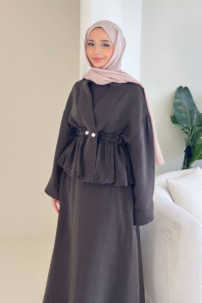 İnci Düğme Detaylı Etek Takım - Kahverengi - HEWES (1)