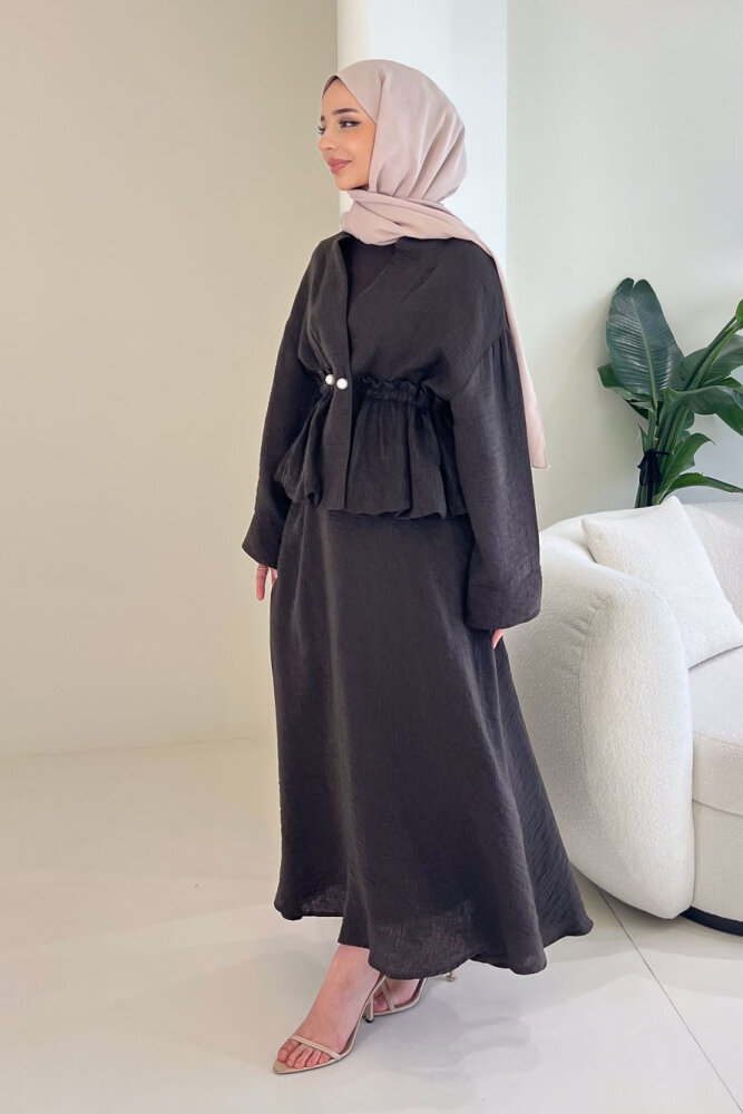 İnci Düğme Detaylı Etek Takım - Kahverengi - 7