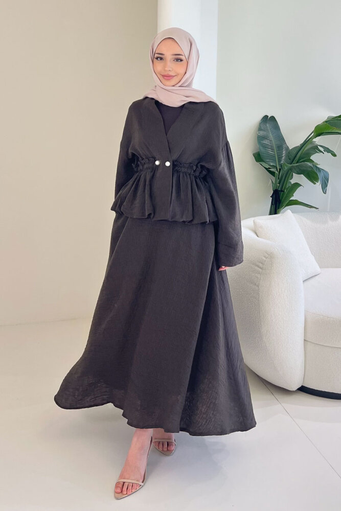 İnci Düğme Detaylı Etek Takım - Kahverengi - 1